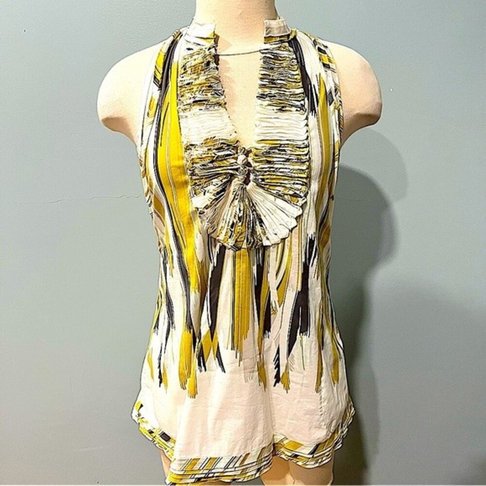BCBGMaxazria Multicolored Pleated Ruffle Front Racerback Sleeveless Blouse XS